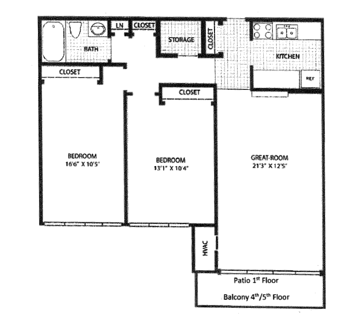 Floor plan for 2 beds, 1 bath, 909 sqft